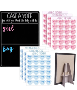 lot 50816 image: Gender Reveal Decorations for Baby Shower Games with 144 Girl or Boy Voting Stickers and Cast Your Vote Sign with Stand (Chalkboard Design, 12 x 17 in)