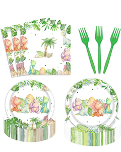 lot 50818 image: 96 Pieces Dinosaur Birthday Party Decorations Supplies Dinosaur Baby Shower Party Tableware Set Watercolor Dino Baby Shower Birthday Party Dessert Plates Napkins Forks for 24 Guests