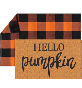 lot 50819 image: Duraaamo 2 Pcs Fall Door Mat Welcome Doormat Imitation Coir Mats Front Porch Entryway Mats for Fall Autumn Thanksgiving Halloween Indoor Outdoors Decor(Plaid, Hello Pumpkin,Orange, Black)