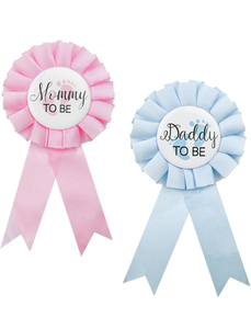 lot 50826 image: 2 Pieces Daddy and Mommy To Be Tinplate Badge Pin, Celebration Gender Reveal Party Favor New Dad Mom Gifts Rosette Buttons with Ribbon Baby Shower Decorations (Pink  Blue)