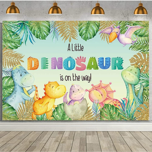 lot 50827 image: MEHOFOND 7x5ft Dinosaur Baby Shower Backdrop Cartoon Cute Dinosaur Tropical Palm Leaves Jungle Safari Baby Shower Background A Little Dinosaur is On The Way Dinosaur Decorations Banner