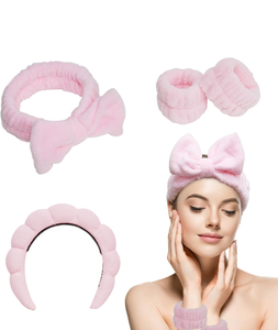 lot 50833 image: Spa Headband, 4 Pcs Face Wash Wristbands Set, Reusable Spa Skincare Towel Headband for Washing Face, Non Slip Hair Shower Puffy Makeup Headbands for Women, Preventing Liquid Overflow