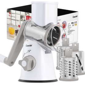 lot 51849 image: Geedel Rotary Cheese Grater, Kitchen Mandoline Vegetable Slicer with 3 Interchangeable Blades, Easy to Clean Rotary Grater Slicer for Fruit, Vegetables, Nuts