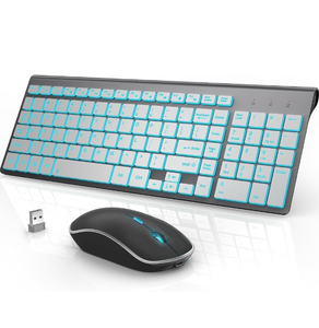 lot 51884 image: J JOYACCESS Wireless Keyboard and Mouse Combo with 7 Backlit Options,Quiet Light Up Keys,Type-C Rechargeable,Sleep Mode-2.4G Slient Portable Cordless Combo for LaptopPCComputerMac(GreySliver)