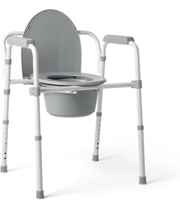 lot 51921 image: Medline 3-in-1 Steel Bedside Commode, Standard Seat, Sturdy Folding Frame, 7.5 QT. Bucket, 350 lb. Weight Capacity, Clip-on Seat, Easy Cleaning, Tool-Free Assembly, Gray