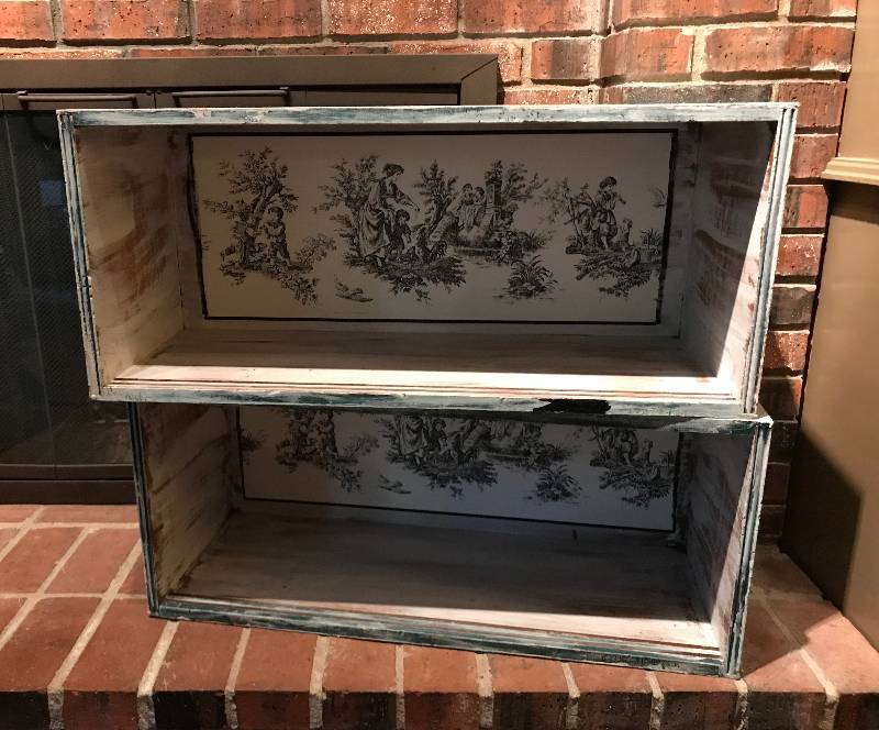 lot 4 image: Painted Wood Boxes with French Scene--stack for shelves or storage