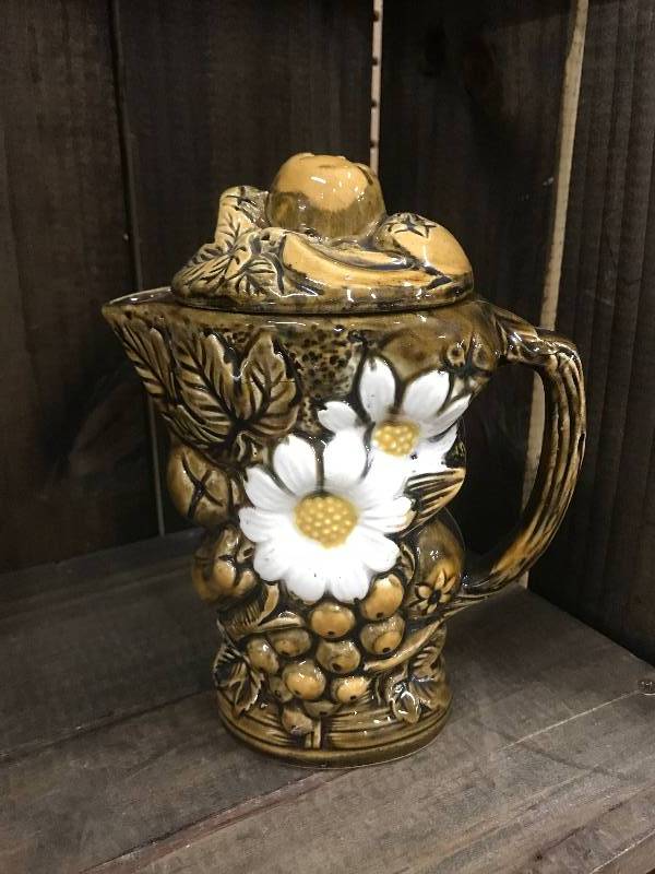 lot 137 image: Vintage ceramic pitcher with lid--decorated with fruit