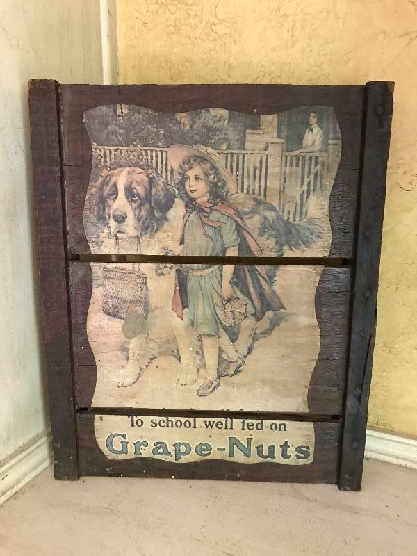 lot 165 image: Vintage Wood Pallet with Grape Nuts Ad