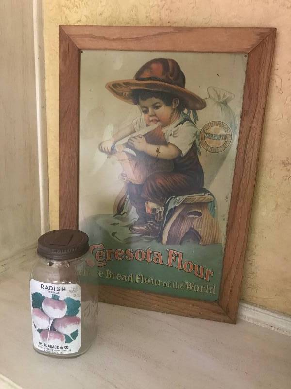 lot 169 image: Vintage Flour Tin Sign framed in barnwood (13 14 x 19) and Collectible W.R. Grace & Co. seed jar from Kansas City