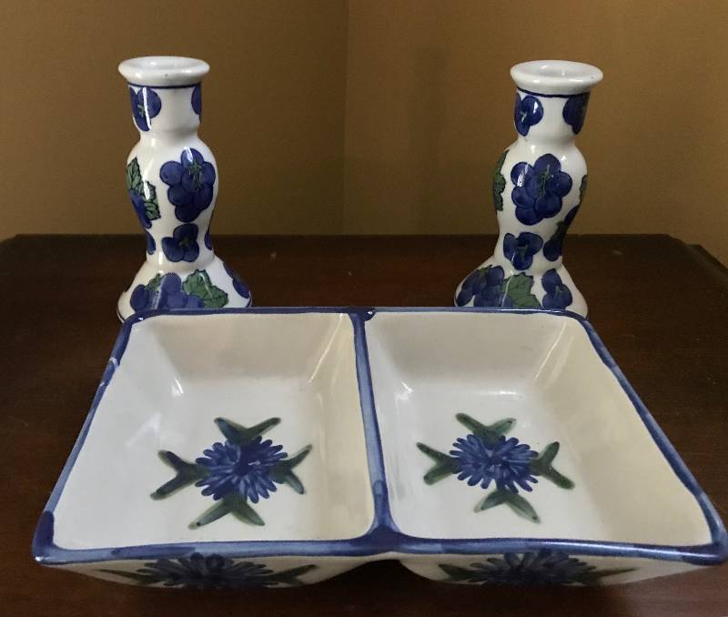 lot 182 image: Blue and White Porcelain Candlestick Holders and serving dish