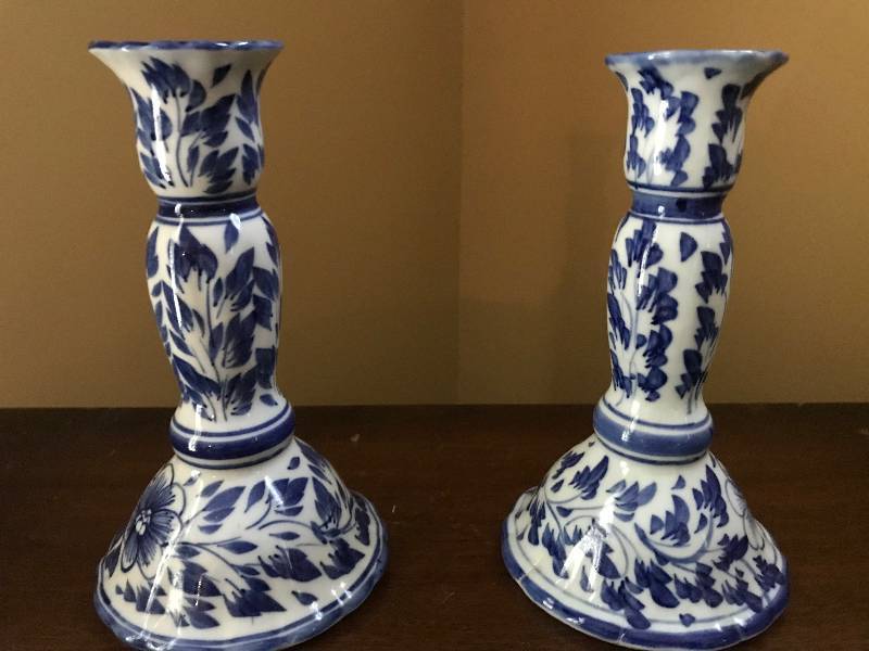 lot 183 image: Blue and White Porcelain Candlestick Holders