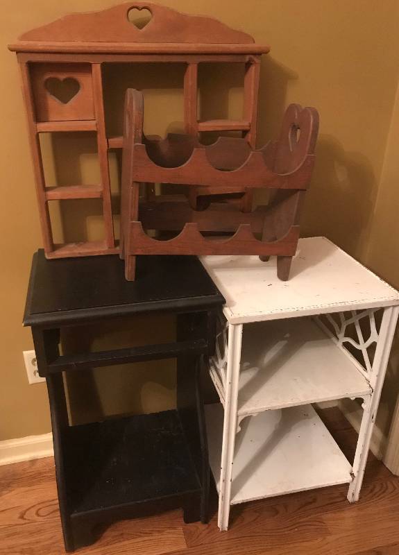 lot 203 image: Set of wood project pieces (two side tables, wine rack and shelf)