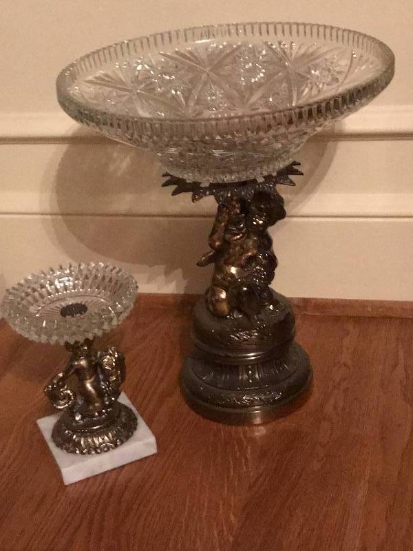 lot 210 image: Brass Cherub Holding Crystal Bowl--set of 2
