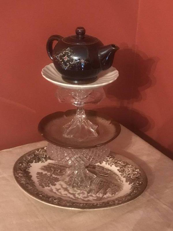 lot 211 image: RepurposedUpcycled ceramic dish tower topped with a tea pot (serving piece, centerpiece, birdfeeder--may uses).   Perfect as fallThanksgiving Dcor