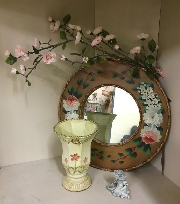 lot 243 image: Round Painted Wall Mirror, Vase, Cherry Blossoms and garden girl figurine