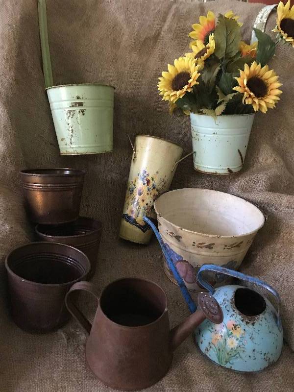lot 255 image: Set of Rustic Garden tin buckets including two hanging tin buckets