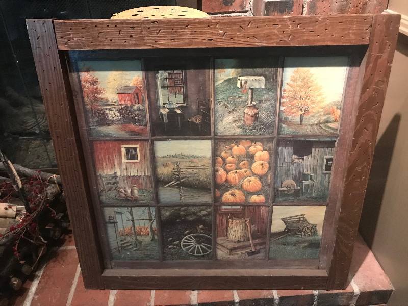 lot 270 image: Wall Dcor with a montage of Farm life through the seasons framed with barn wood 25 x 25 12