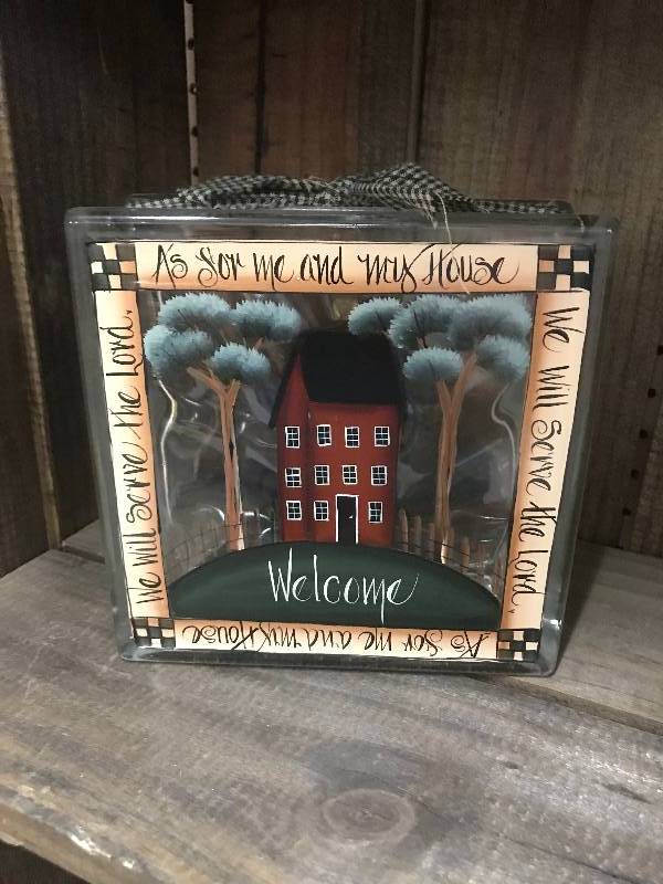 lot 296 image: Welcome--painted glass block with Farm House Scene