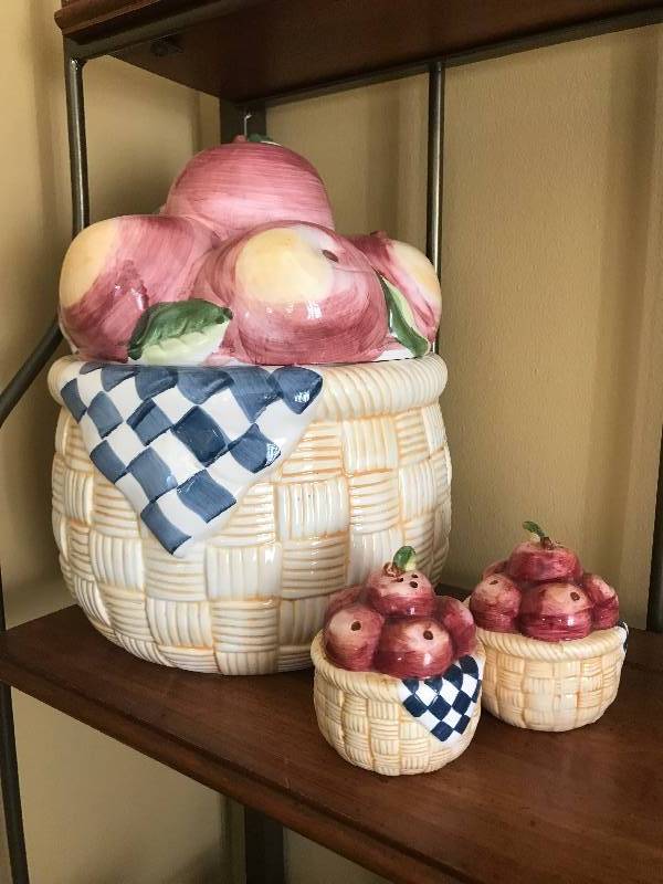 lot 300 image: Apples in a Basket Cookie Jar and Salt and Pepper Shakers Kitchen Dcor