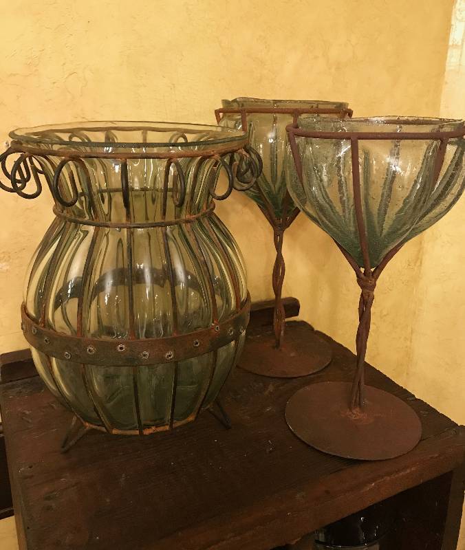 lot 1009 image: Rustic and Metal Glass Vase and goblets