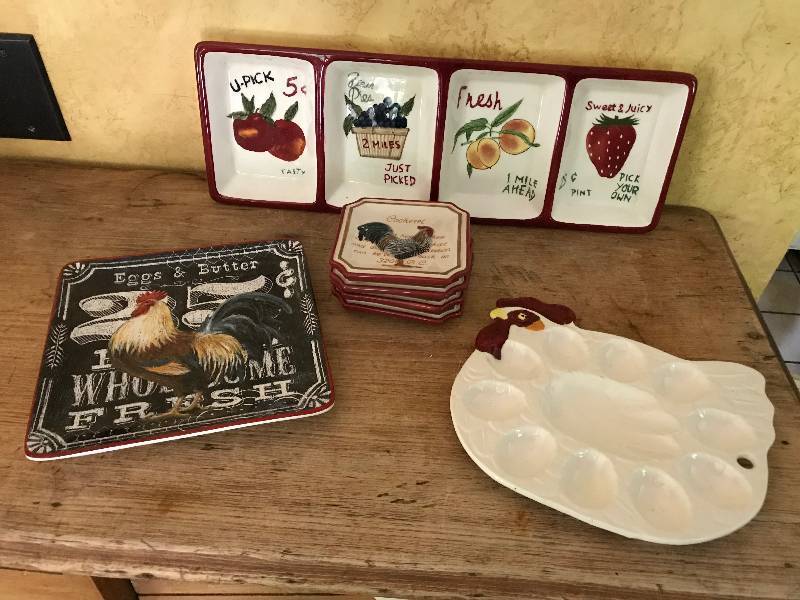 lot 1026 image: Variety of Fruit and Rooster serving dishes including dish for devil eggs