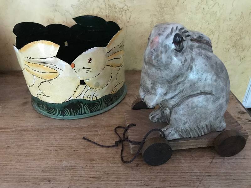 lot 1032 image: The most adorable Wood Rabbit on wheels and metal rabbit planter