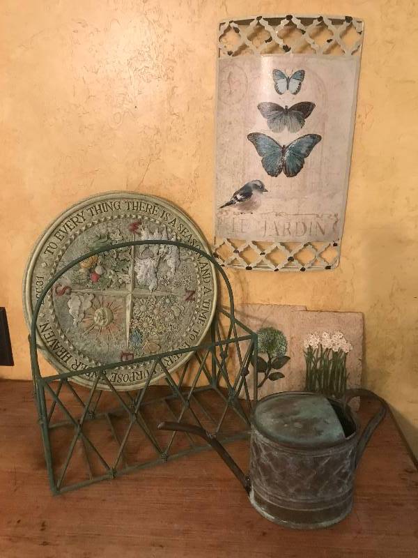 lot 1074 image: Garden Dcor items--green metal basket, metal butterfly wall dcor, ceramic garden tiles, watering can