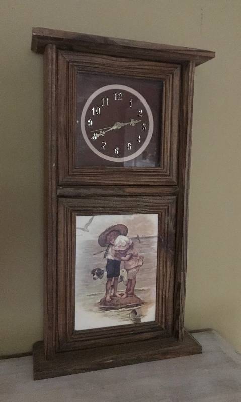 lot 1101 image: Oak Clock with kids of Beach 3 12 x 11 x 20 12