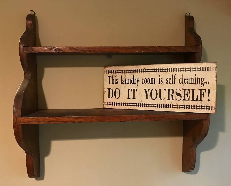 lot 13 image: Antique Wood shelf and tin Do It Yourself laundry sign