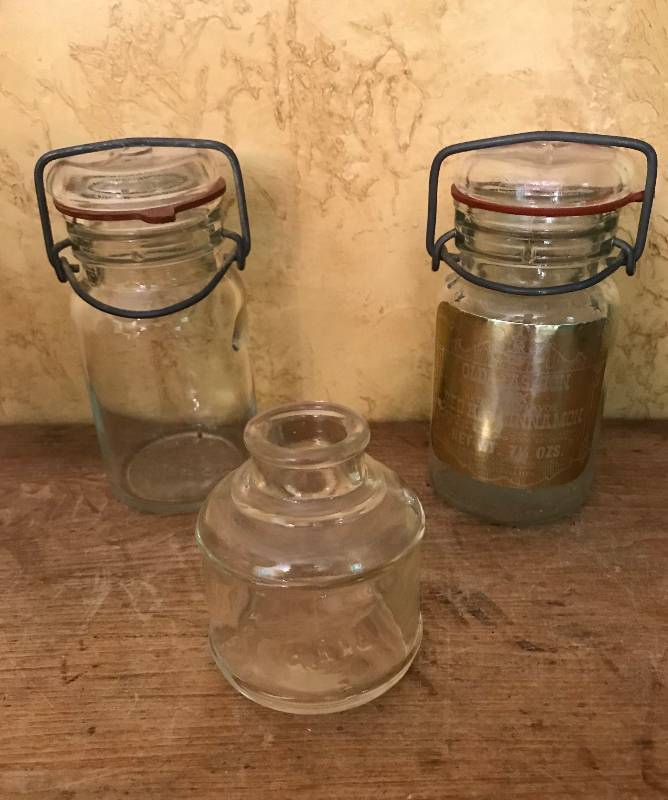 lot 27 image: Antique ink well and glass jars
