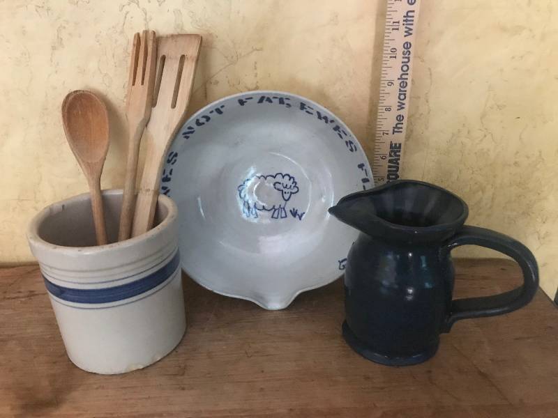 lot 52 image: Stoneware bowl (Ewes not fat Ewes Fluffy), pitcher and utensil holder