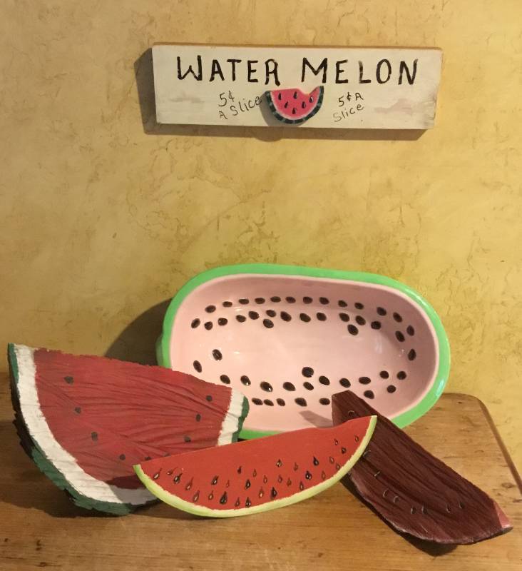 lot 59 image: Watermelon serving bowling along with some country wood watermelon dcor items