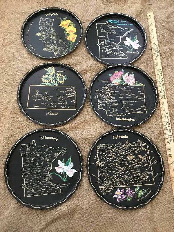 lot 81 image: Vintage Black Tin PlatesTrays about the States (Kansas, California, Washington, Minnesota, Colorado)
