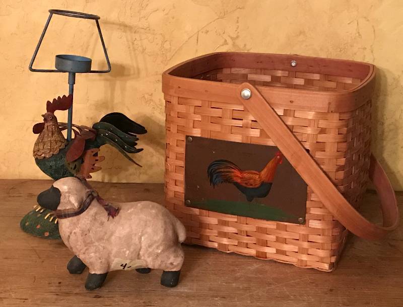 lot 87 image: Country Rooster Basket with candle holder and sheep figurine