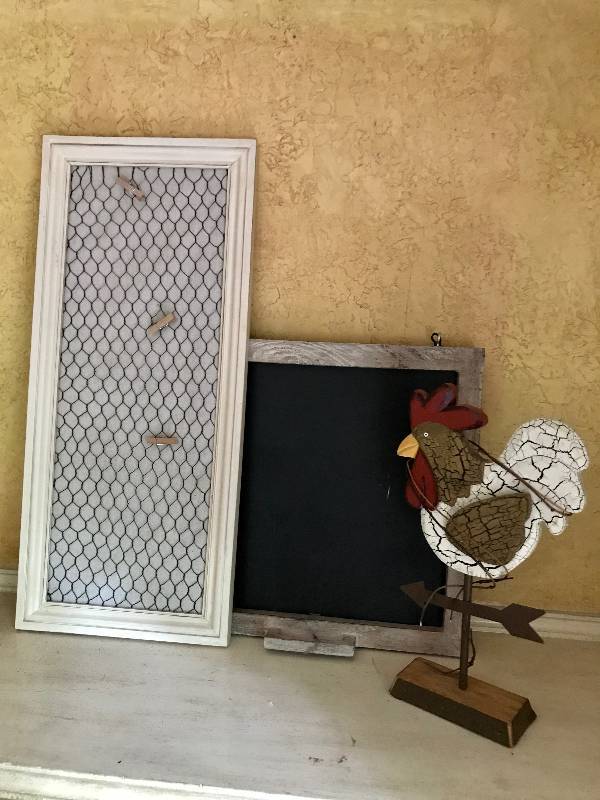 lot 88 image: Chalkboard, Wood Frame with chicken wire 10 x 23, and Wood Rooster Weather Vein
