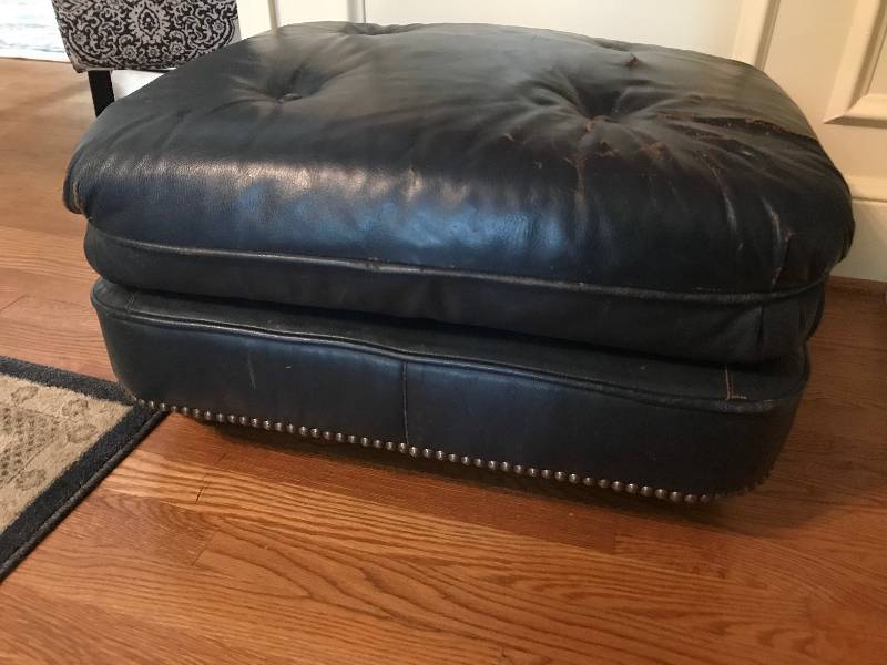 lot 122 image: Leather ottoman project piece---good piece to reupholster