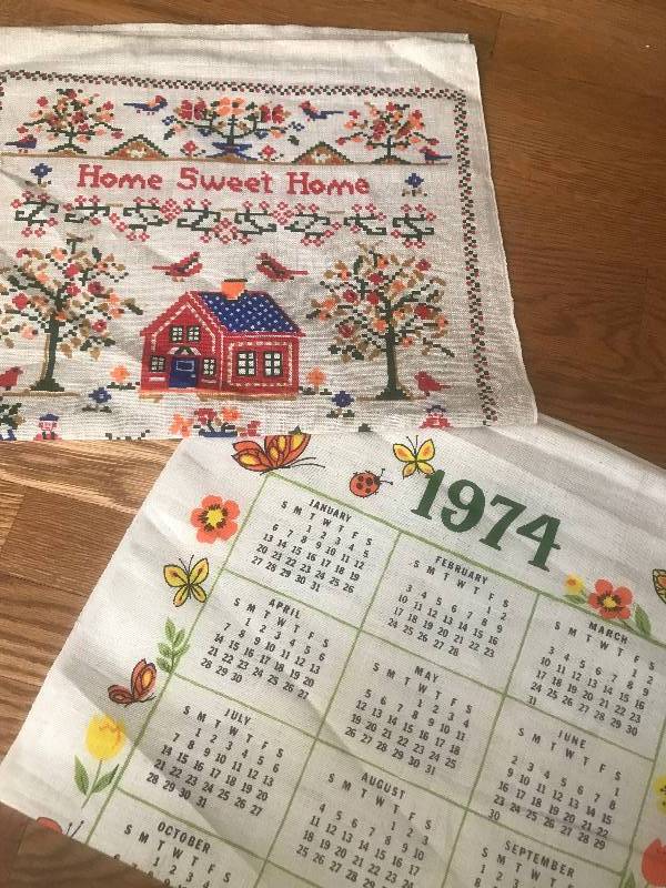lot 136 image: Set of 2 Vintage Linen Tea Calendars--1969 Home Sweet Home and 1974 Flowers and Butterflies
