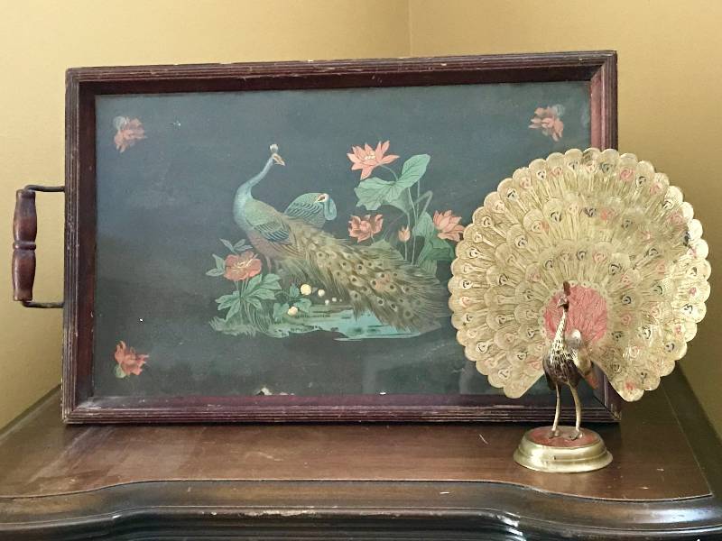 lot 160 image: Antique tray with Peacock Image and brass peacock