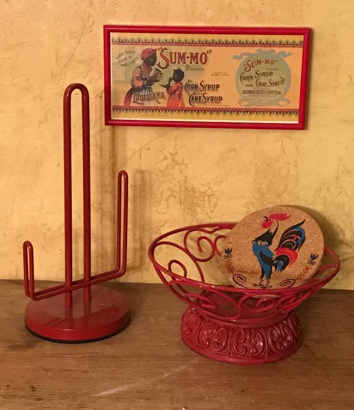 lot 83 image: More Kitchen Red items---paper towel holder, metal basket, etc.