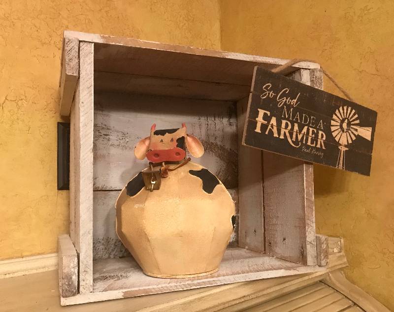 lot 119 image: Painted Wood Crate with sign and metal cow planter