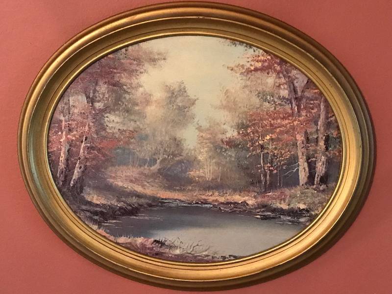 lot 149 image: Oval Wood Framed forest painting