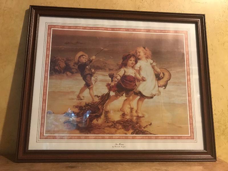 lot 150 image: Wall Art of children on beach titled Sea Horses by Fredrick Morgan