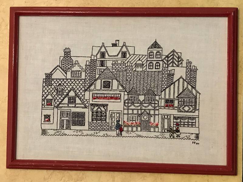 lot 152 image: Rustic framed needle work of small town street