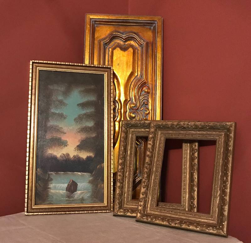 lot 155 image: Set of Wood Frames, painted cabinet door and Wall Art
