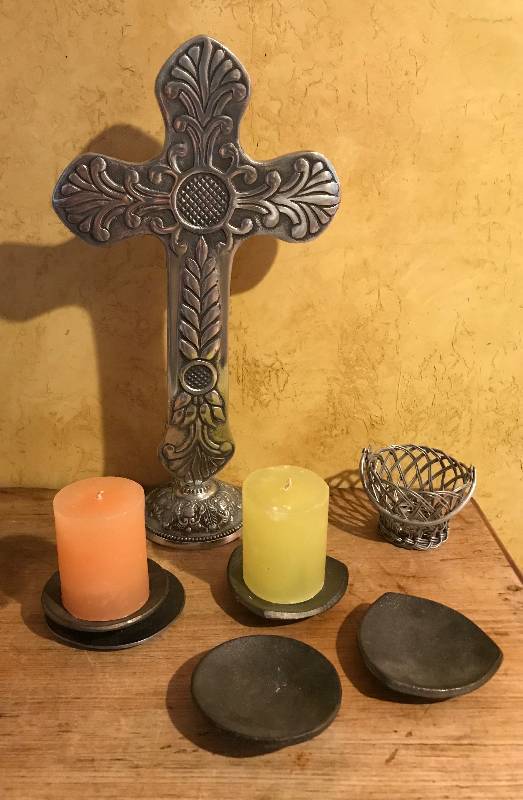 lot 199 image: Large Metal Embossed Cross and Candle Holders