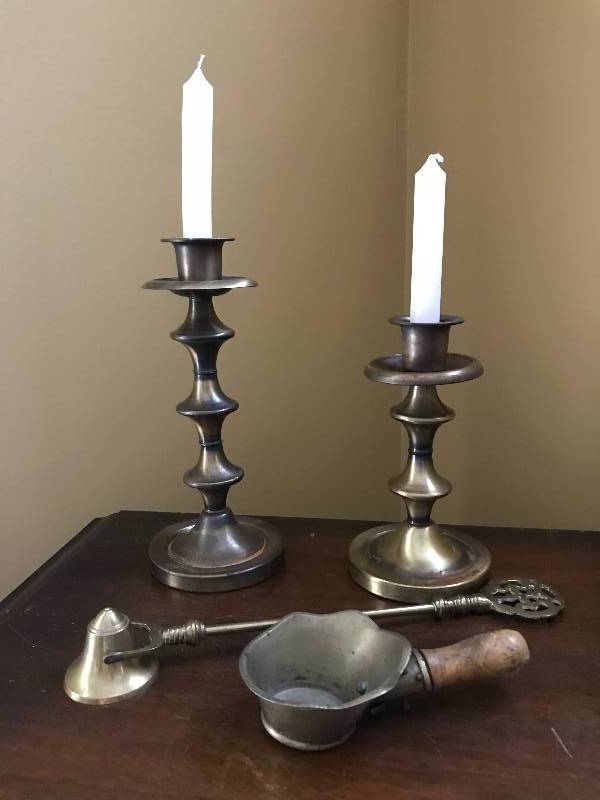 lot 1109 image: Brass Candlestick Holders and Vintage rice scoop