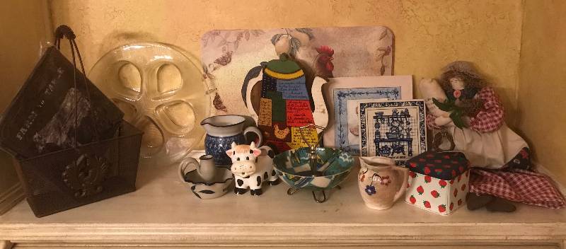 lot 94 image: Kitchen and Home Dcor--everything on shelf (wire basket, stoneware items, country doll, glass serving dish, etc.)