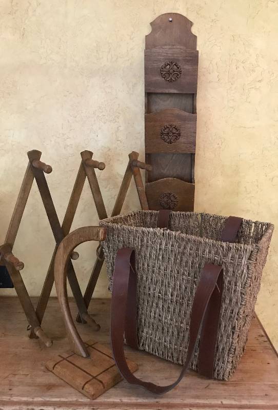 lot 235 image: StorageMagazine Basket (11 12 height), Vintage Wall letter holder (21 length), wall pegs, banana hanger