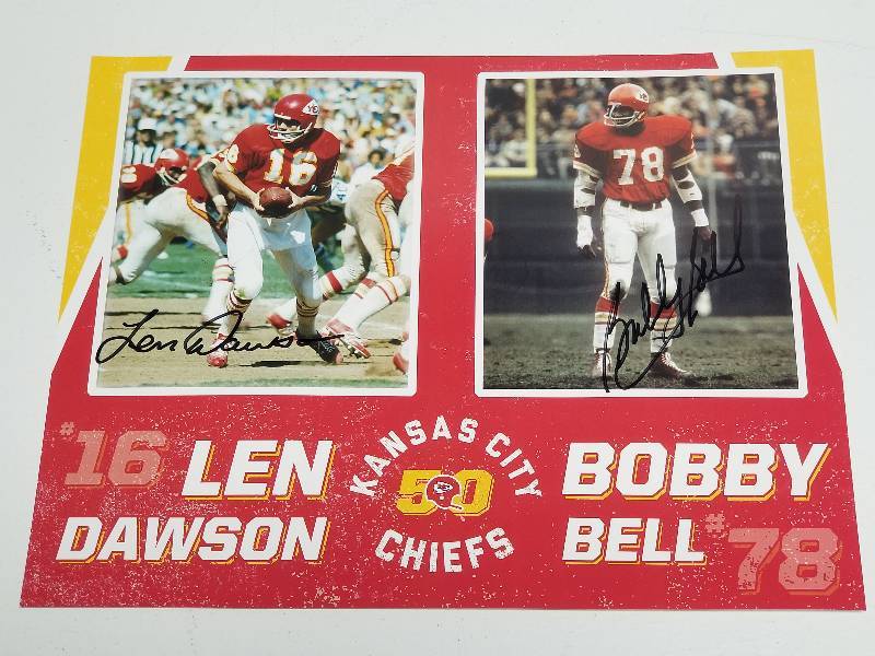 lot 1168 image: Len Dawson & Bobby Bell Dual Autographed 11x14 Kansas City Chiefs Card w COA