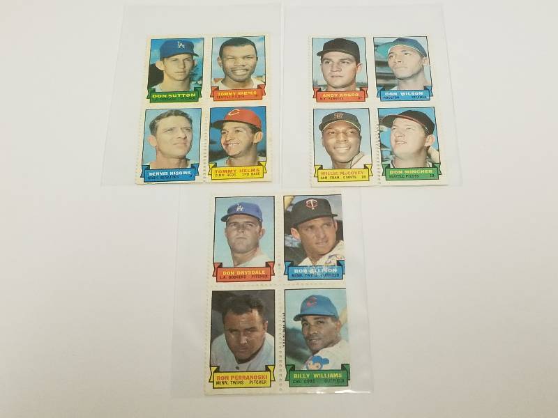 lot 1127 image: 1969 Topps Baseball Card Stamps Uncut Panel Lot of 3 Rare w Don Drysdale & Willie McCovey